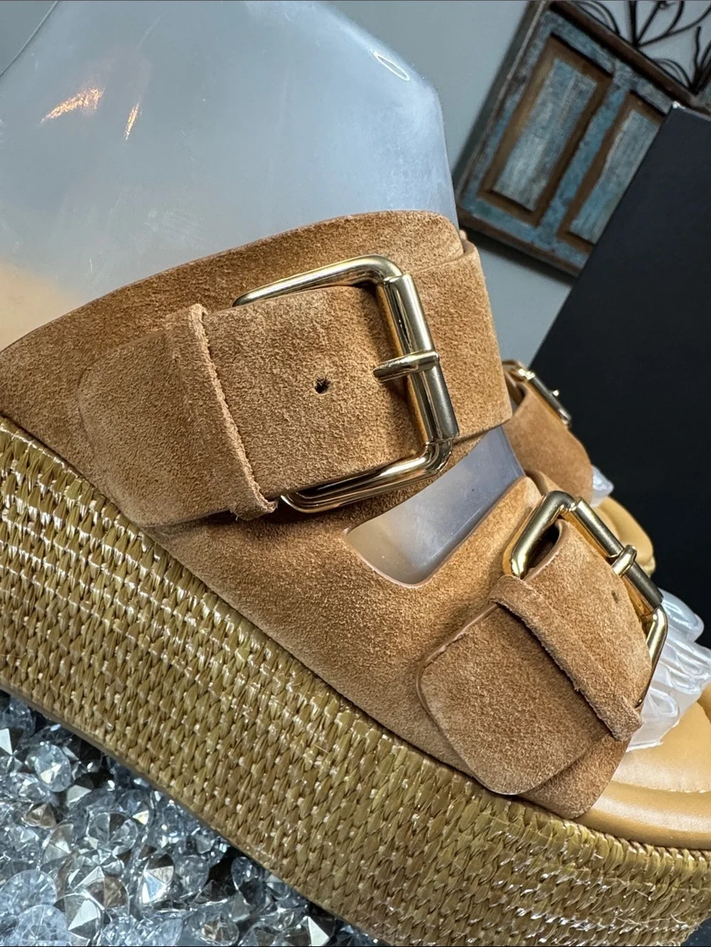 Marc Fisher Palery leather Suede Tan Platform Slide Sandals Buckles Woven sole